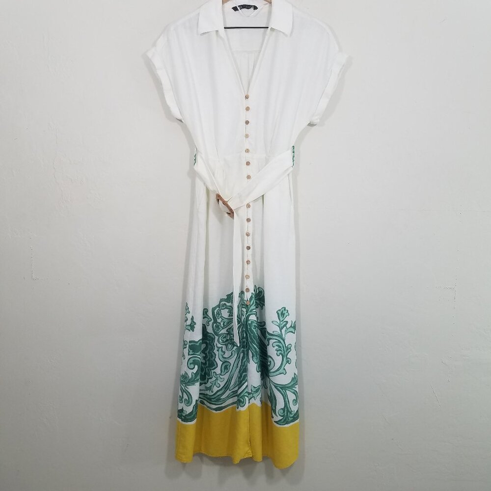 Zara Linen Blend Button Front Belted Dress with Pockets Size M